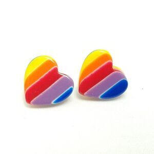 Vintage Rainbow Heart Stud Earrings, Colorful Plastic, Pride